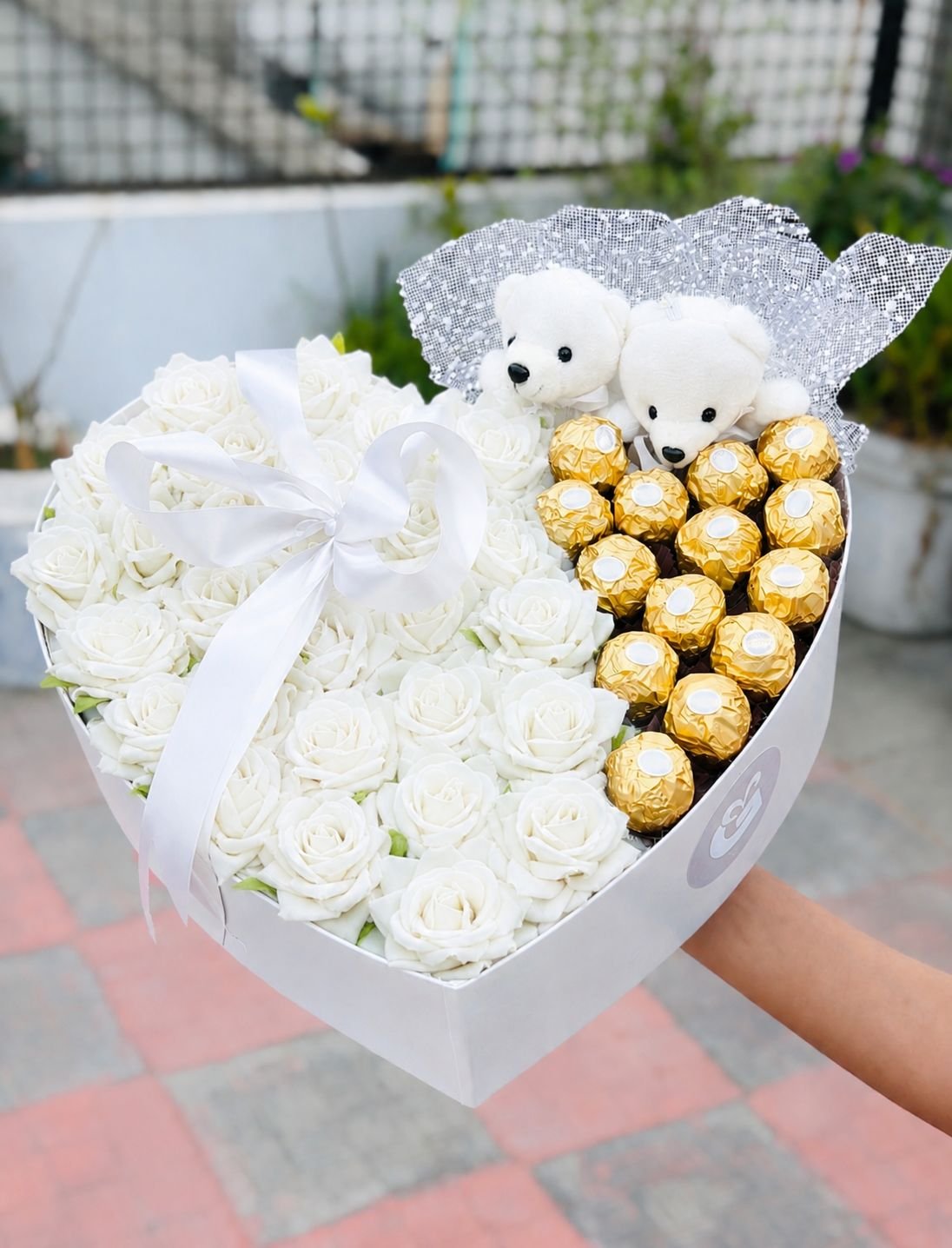 Luxury White Rose, Teddy & Ferrero Heart Box