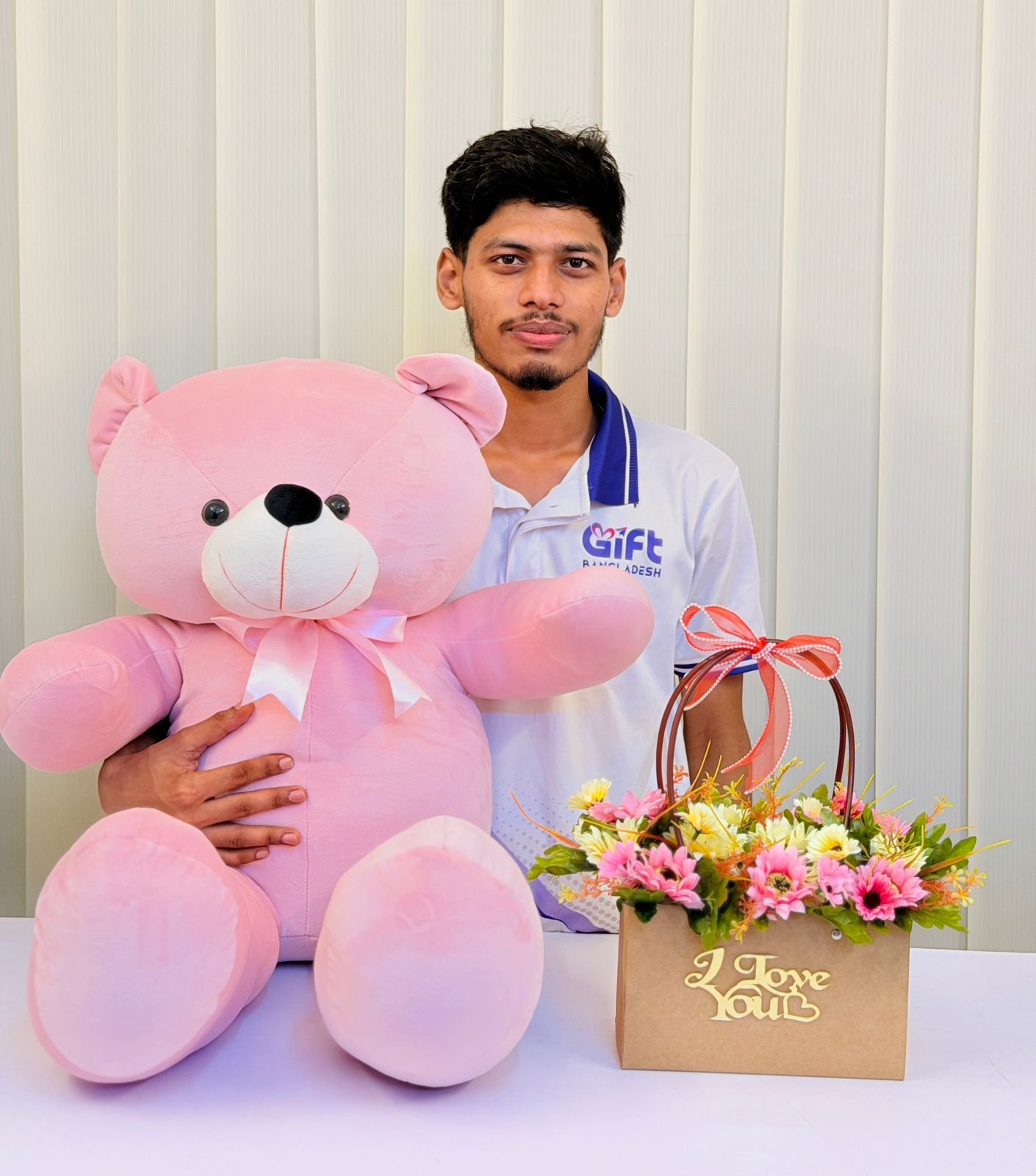 Giant Pink Teddy Bear with Floral Love Basket
